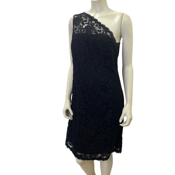 Talbots One-Shoulder Black Lace Dress With Sheer Floral Size 10P - Picture 2 of 9